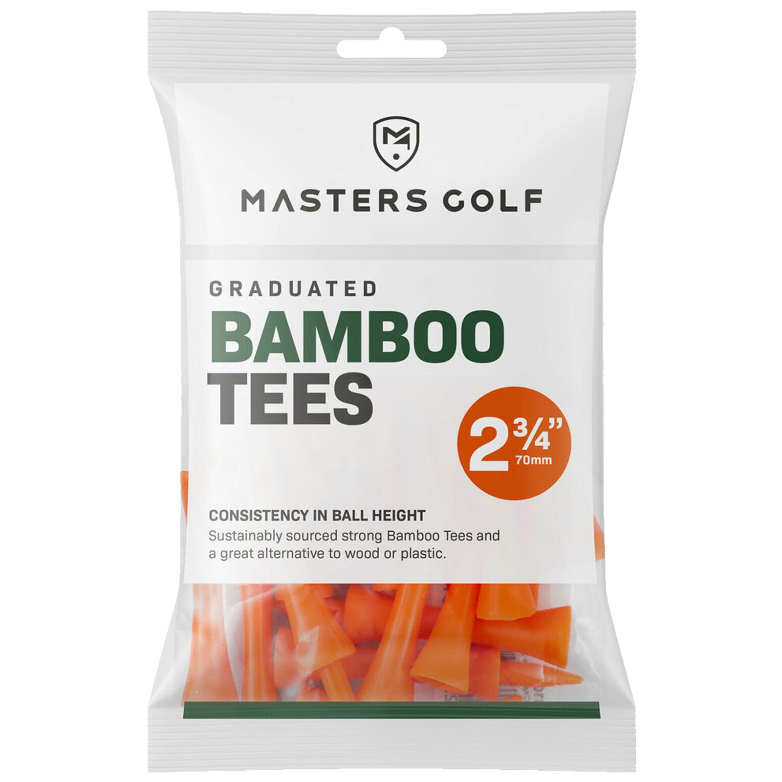 A transparent package contains multiple orange bamboo golf tees arranged neatly inside the bag labeled as graduated bamboo tees 2¾ inches 70mm emphasizing sustainability and consistency in ball height