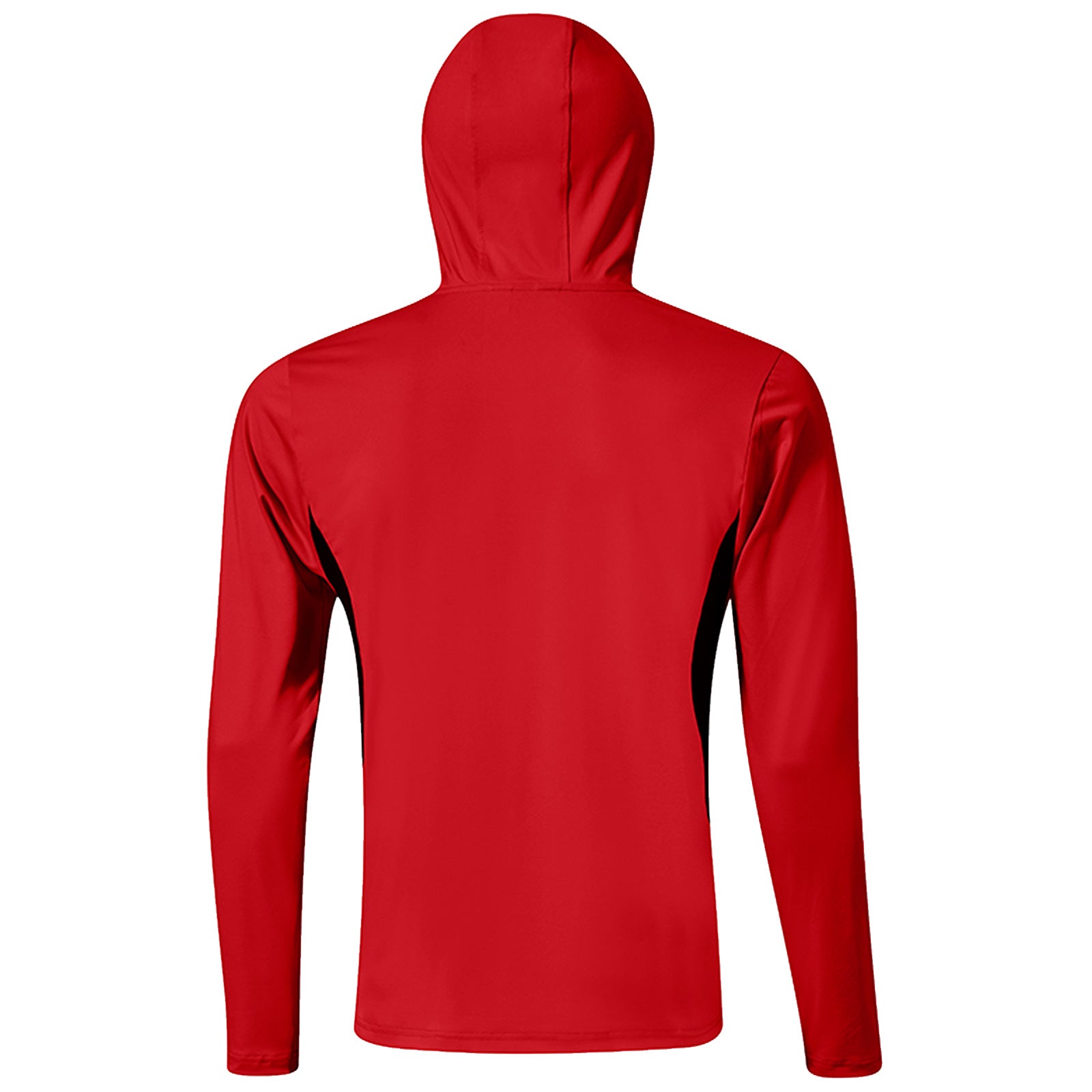 A red long-sleeved hoodie is displayed from the back. Its smooth fabric showcases a hood and contrasting black side panels, suitable for casual or athletic wear.