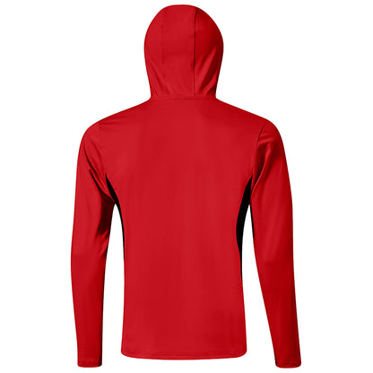 A red long-sleeved hoodie is displayed from the back. Its smooth fabric showcases a hood and contrasting black side panels, suitable for casual or athletic wear.