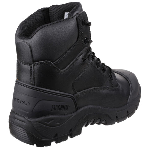 A black boot stands upright showcasing its padded collar and lacing system with a textured sole designed for traction in rugged environments, typically used for outdoor activities or work.