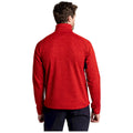A person wearing a red jacket stands with their back to the viewer the setting is likely indoors with a plain white background highlighting the jacket's color and design.
