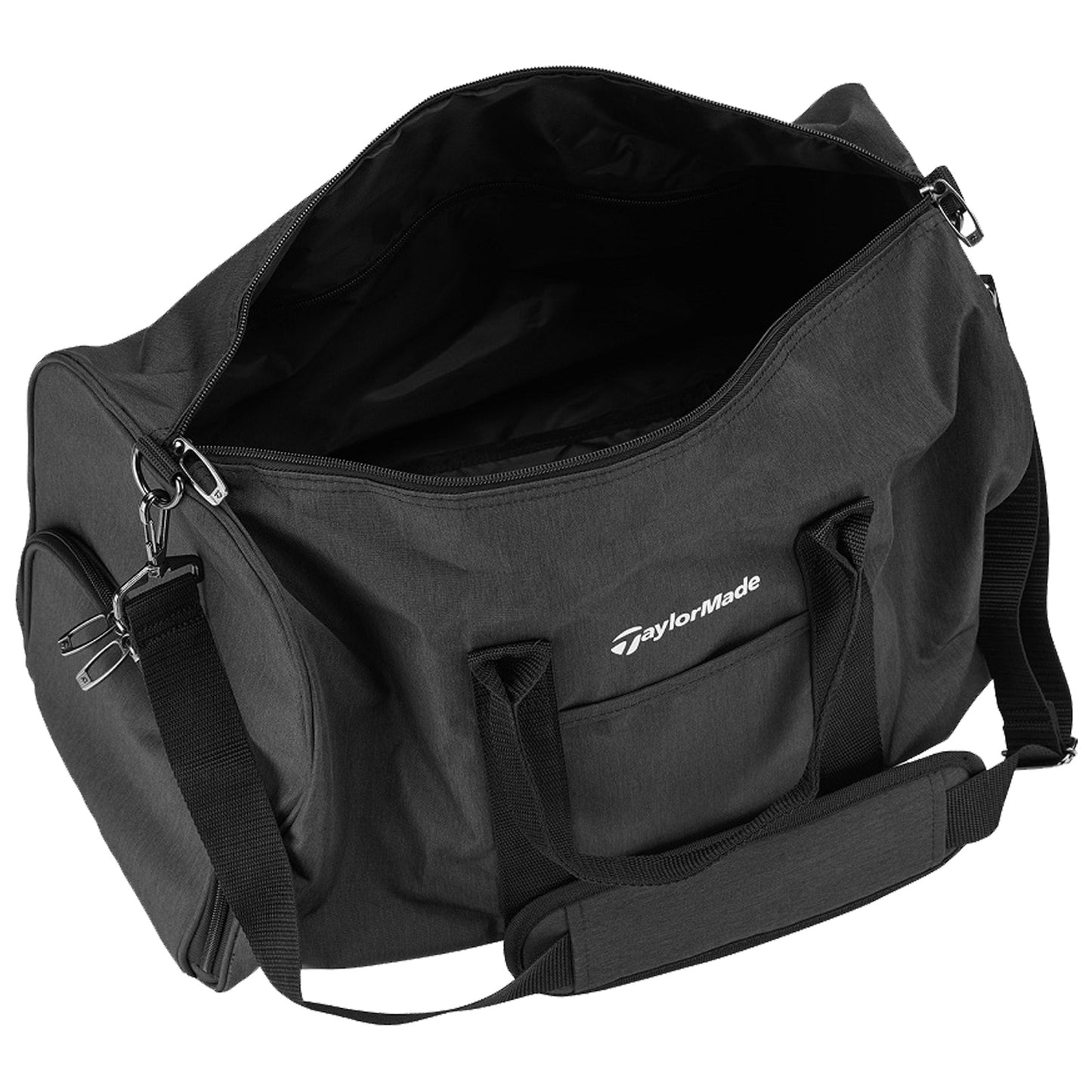 A black duffel bag is unzipped and open showing an empty interior space designed to hold various items suitable for travel or sports activities. The bag features sturdy handles and a shoulder strap for carrying convenience.