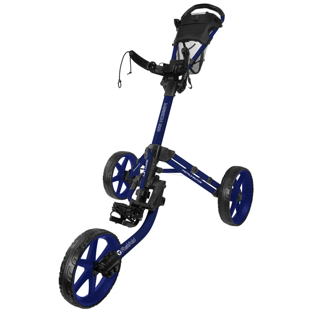 A blue golf push cart stands upright with a handle and three large wheels designed for maneuverability on a golf course carrying golf clubs and accessories in a mesh pocket.