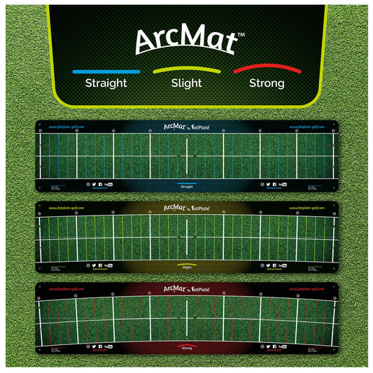 FatPlate ArcMat Stroke Path Trainer Three aligned mats labeled ArcMat feature different alignment styles: Straight, Slight, and Strong. Each mat has grid lines and sections, set against a green grass background.