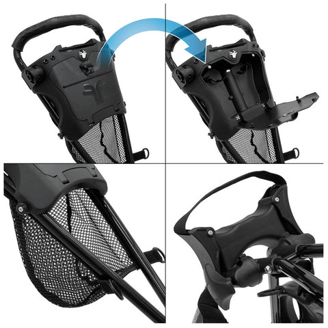 A black multi-functional stroller is shown adjusting its seat and handle features the seat tilts and the handle moves while surrounded by a neutral background indicating the product's usage context.