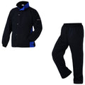A black jacket with blue accents is shown next to matching black pants both designed for active wear with a comfortable fit suitable for outdoor activities or exercise.