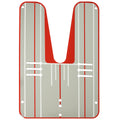 A large V-shaped template is positioned upright featuring red and gray colors with vertical lines and holes for attachment showcasing its design as a guiding tool for precise alignment in construction or crafts