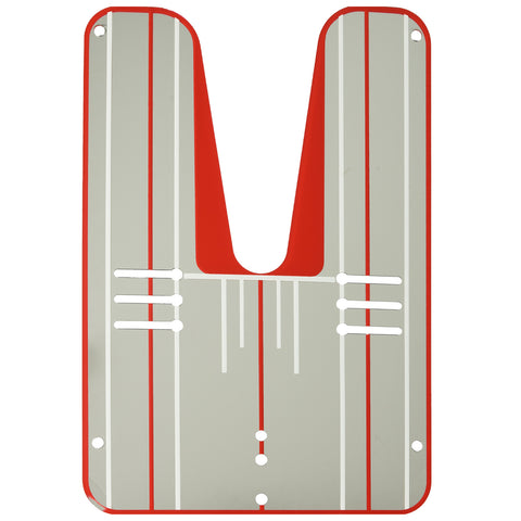 A large V-shaped template is positioned upright featuring red and gray colors with vertical lines and holes for attachment showcasing its design as a guiding tool for precise alignment in construction or crafts