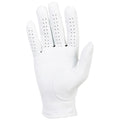 A white golf glove is displayed with fingers extended and palm open showing perforations for breathability intended for enhancing grip and comfort in golfing environments.