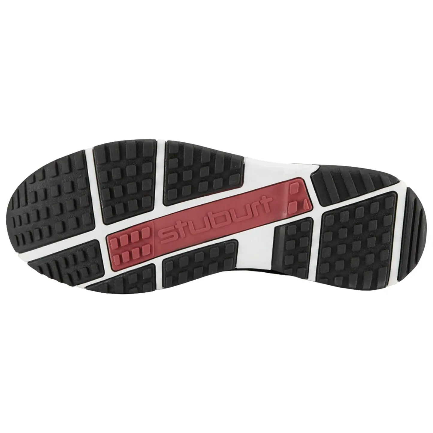 A black and white athletic shoe sole with a red logo displays a textured surface for grip positioned flat against a white background.
