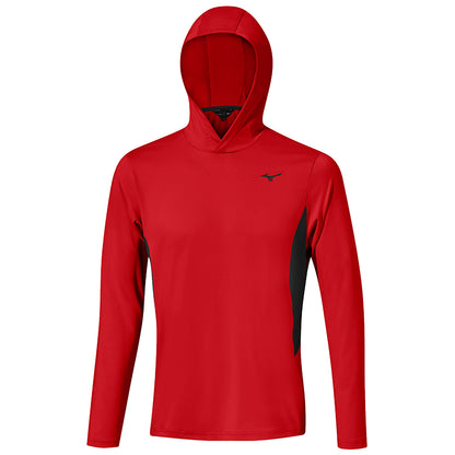 A red long-sleeve hoodie features a sleek design with a black accent on the side and a hood. It is displayed against a plain background.