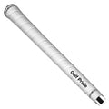 A white golf club grip with a textured surface is positioned diagonally showing spiral indentations and the text Golf Pride printed on one side in black against a plain background.