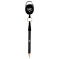 A retractable pen hangs from a black retractable reel featuring a logo while resting vertically against a light background showcasing its sleek design and functionality.