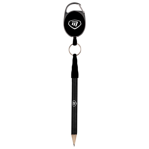 A retractable pen hangs from a black retractable reel featuring a logo while resting vertically against a light background showcasing its sleek design and functionality.