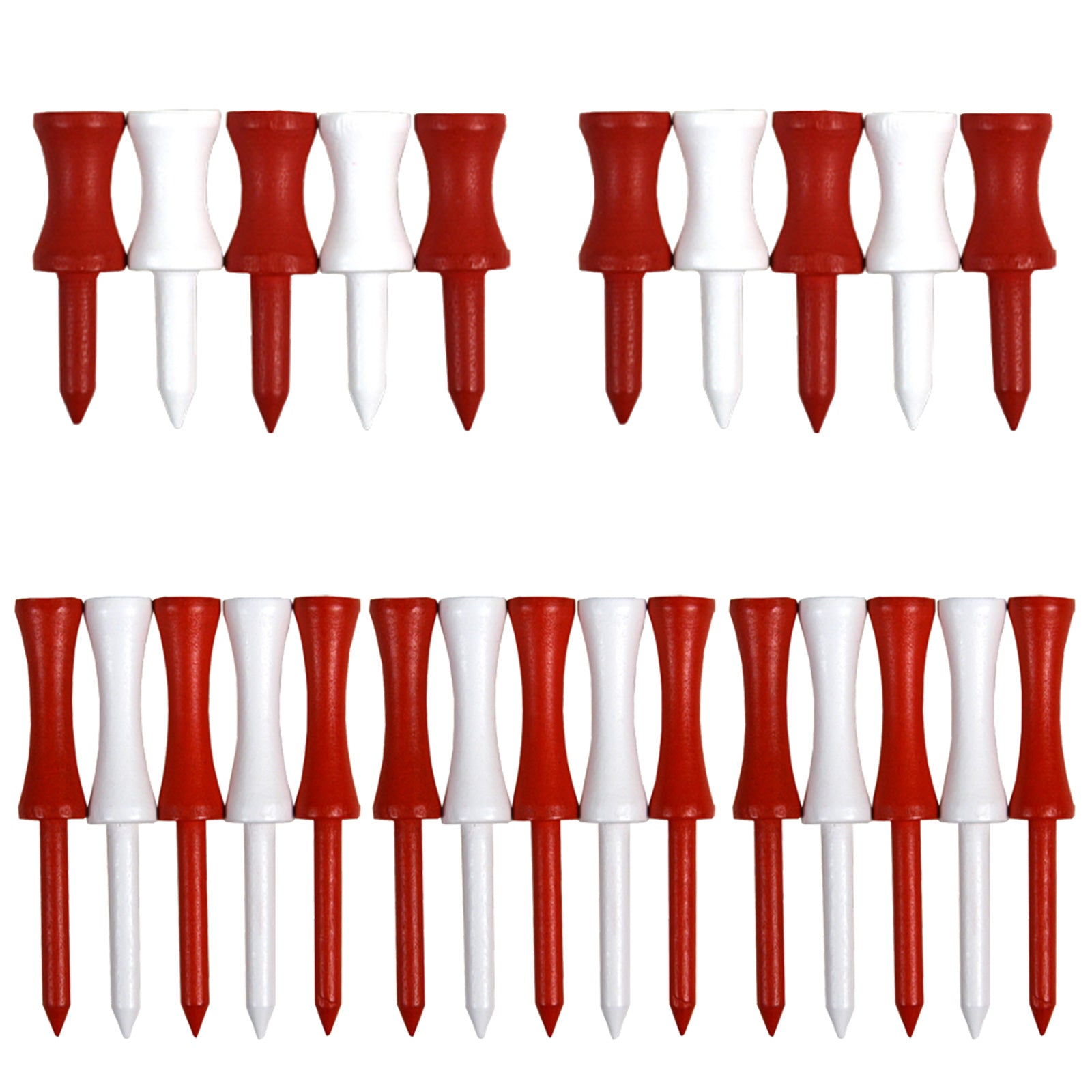 A collection of red and white golf tees arranged in two rows with alternating colors showing pointed ends used for teeing off in golf