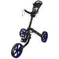 A golf push cart features a lightweight frame with blue wheels and a handle for steering, designed to transport golf bags around the course, providing convenience and mobility for golfers.