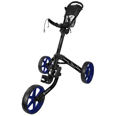 A golf push cart features a lightweight frame with blue wheels and a handle for steering, designed to transport golf bags around the course, providing convenience and mobility for golfers.