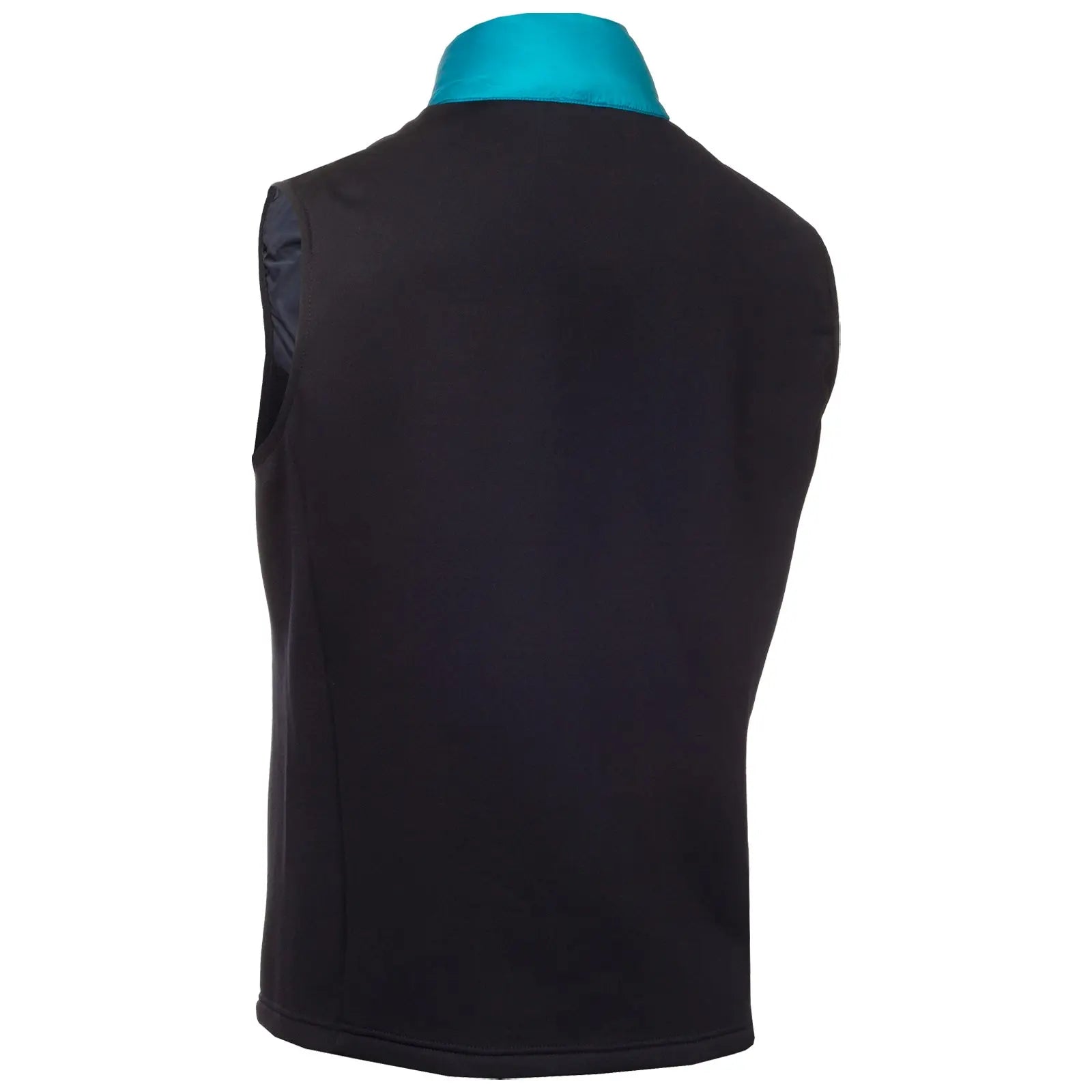A sleeveless black vest features a contrasting turquoise collar displaying a sleek modern design suitable for casual wear in a light environment like a retail or fashion context