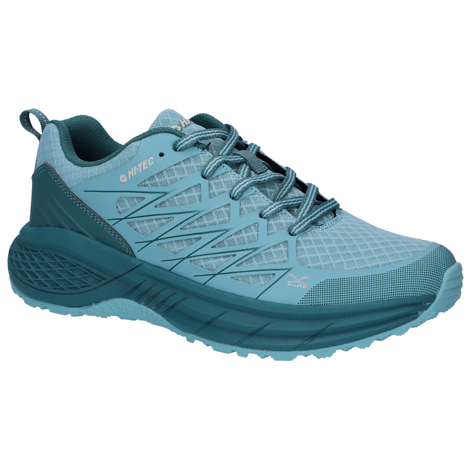 A teal athletic shoe designed for outdoor activities features a textured upper with mesh panels and a robust sole pattern showcasing durable traction for varied terrains.