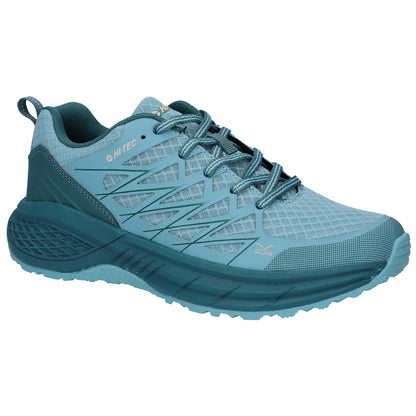 A teal athletic shoe designed for outdoor activities features a textured upper with mesh panels and a robust sole pattern showcasing durable traction for varied terrains.