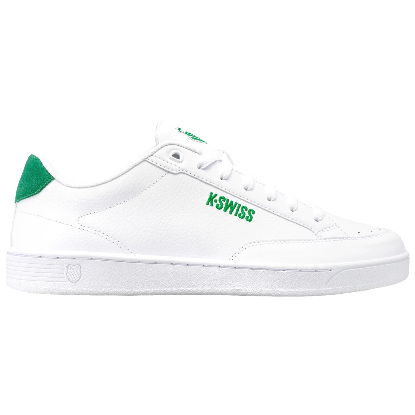 A white sneaker with green accents features a textured leather upper laced with white shoelaces the brand name K-Swiss is prominently displayed in green on the side
