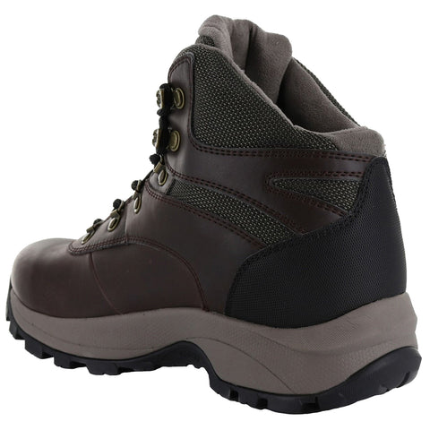 A brown hiking boot stands upright showcasing its leather and mesh design featuring metal eyelets and laces emphasizing durability and support ideal for outdoor activities in rugged terrains.