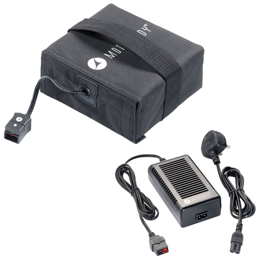 Motocaddy Standard 12V 21ah Lead Acid Battery A black rectangular battery pouch with a handle is positioned next to a rectangular black charger with wires connected for power supply and charging an external device in an indoor setting.