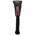 A golf club headcover designed for a hybrid club with a sleek black and white design featuring red accents is resting upright showcasing the brand name Srixon and model ZX MKII.