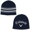 A navy knit beanie displays two designs one with horizontal white stripes and the other featuring the word Callaway in white lettering maintained in a casual setting