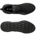 A pair of black athletic shoes is displayed from the top and bottom views showcasing a textured upper design and a patterned rubber sole with the brand name K-Swiss prominently featured.