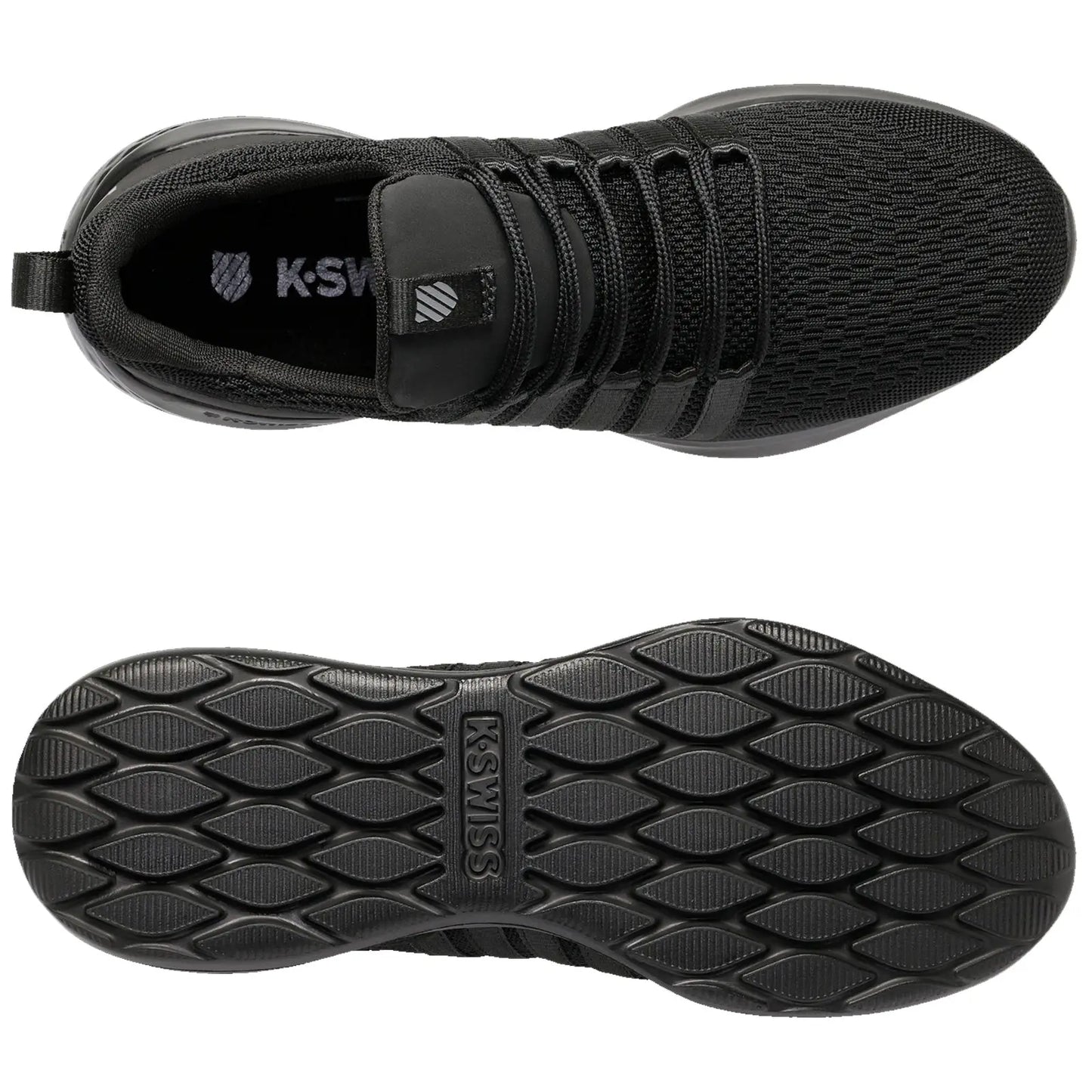 A pair of black athletic shoes is displayed from the top and bottom views showcasing a textured upper design and a patterned rubber sole with the brand name K-Swiss prominently featured.