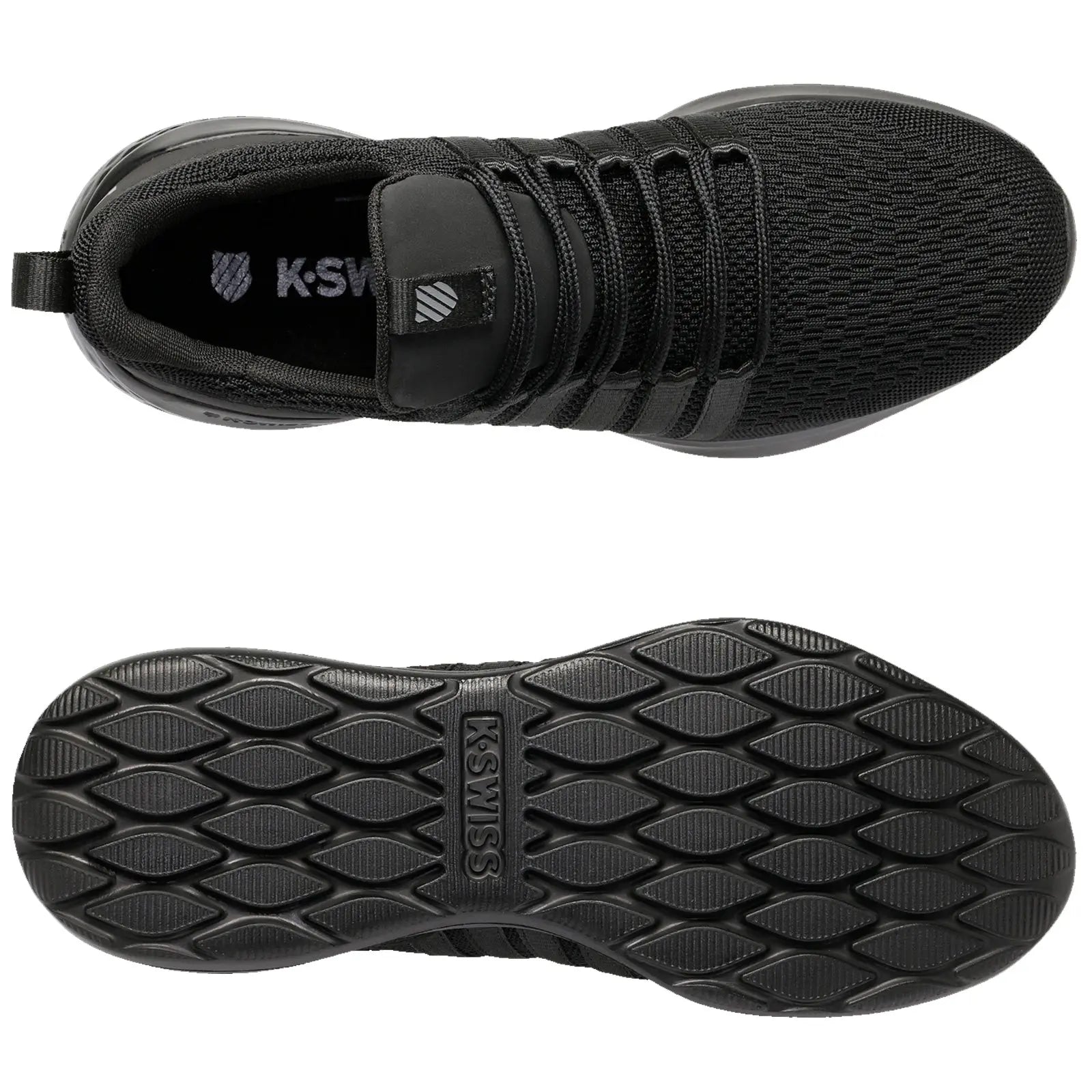 A pair of black athletic shoes is displayed from the top and bottom views showcasing a textured upper design and a patterned rubber sole with the brand name K-Swiss prominently featured.