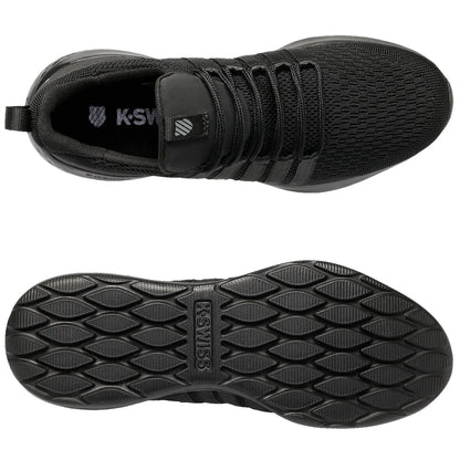 A pair of black athletic shoes is displayed from the top and bottom views showcasing a textured upper design and a patterned rubber sole with the brand name K-Swiss prominently featured.