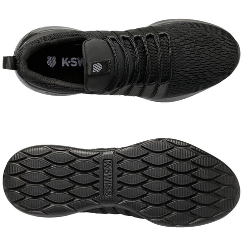 A pair of black athletic shoes is displayed from the top and bottom views showcasing a textured upper design and a patterned rubber sole with the brand name K-Swiss prominently featured.