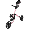 A pink golf push cart stands upright showcasing its three large wheels and adjustable handle ready for transporting golf clubs across a course providing convenience to players.