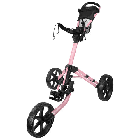 A pink golf push cart stands upright showcasing its three large wheels and adjustable handle ready for transporting golf clubs across a course providing convenience to players.