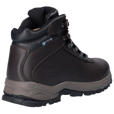 A brown hiking boot stands upright with laces attached and a padded collar showing sturdy build and textured sole ideal for outdoor activities in rugged terrain.