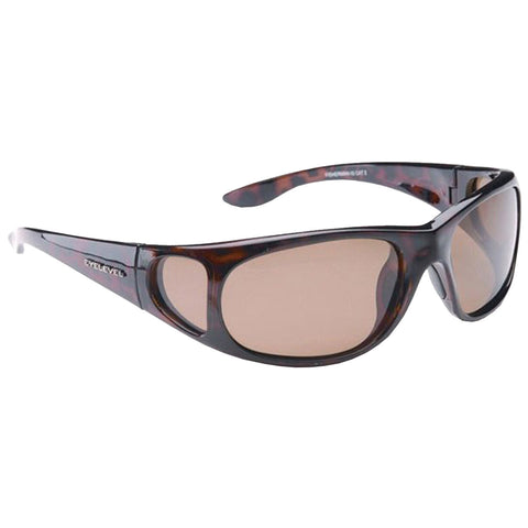 Sunglasses are resting with a tortoiseshell design and brown-tinted lenses providing UV protection for outdoor activities in bright environments. The frame is sleek with a modern sporty look.