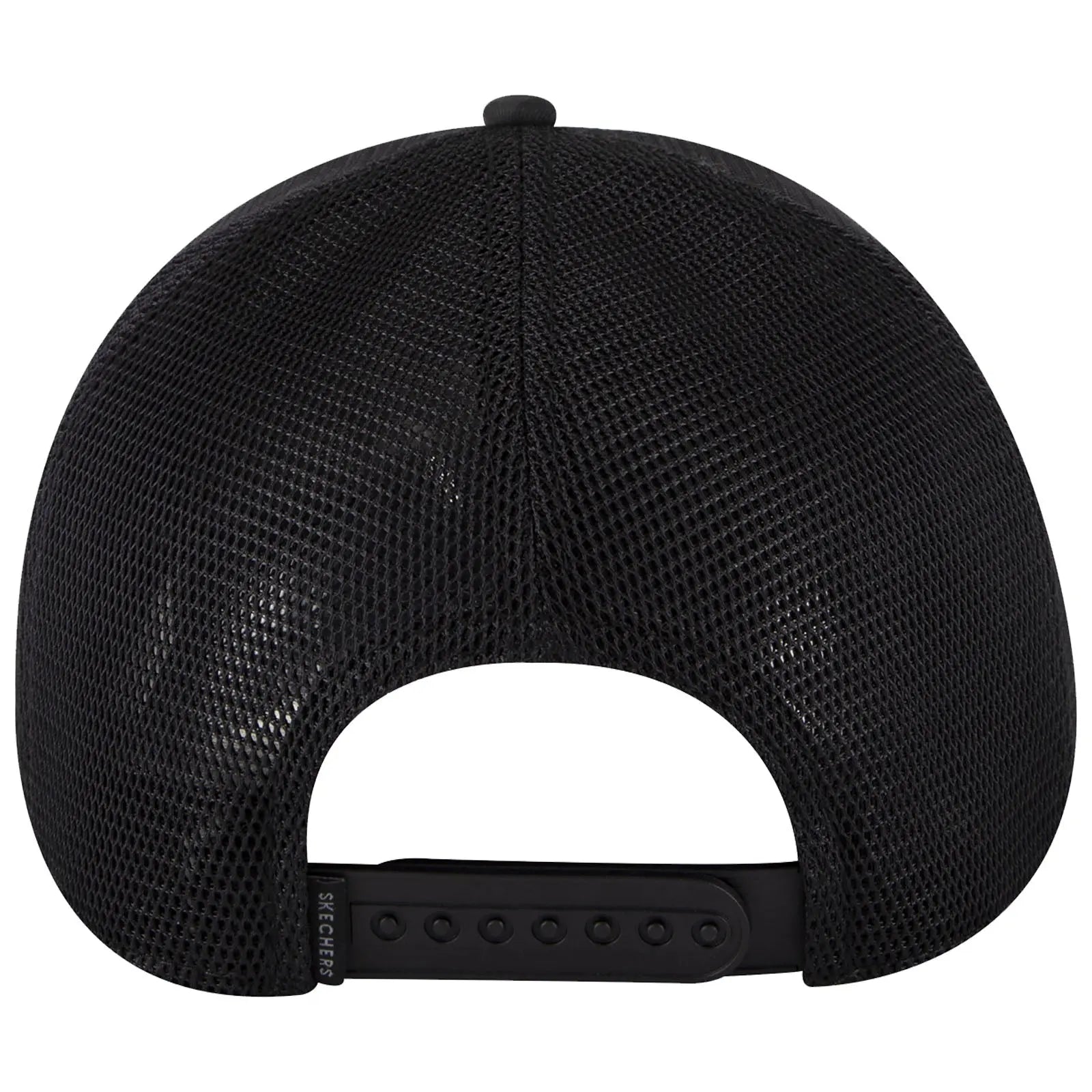 A black mesh baseball cap is positioned upside down showcasing the interior and strap indicating it's designed for breathability and comfort in casual settings.