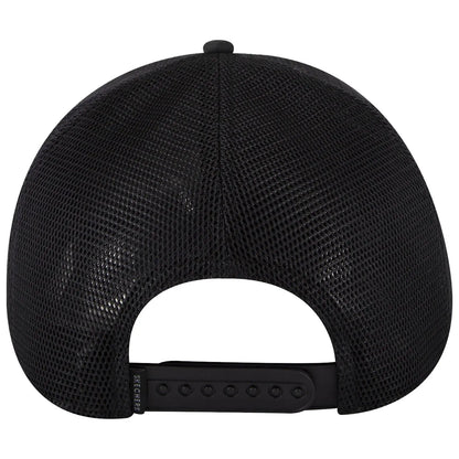 A black mesh baseball cap is positioned upside down showcasing the interior and strap indicating it's designed for breathability and comfort in casual settings.