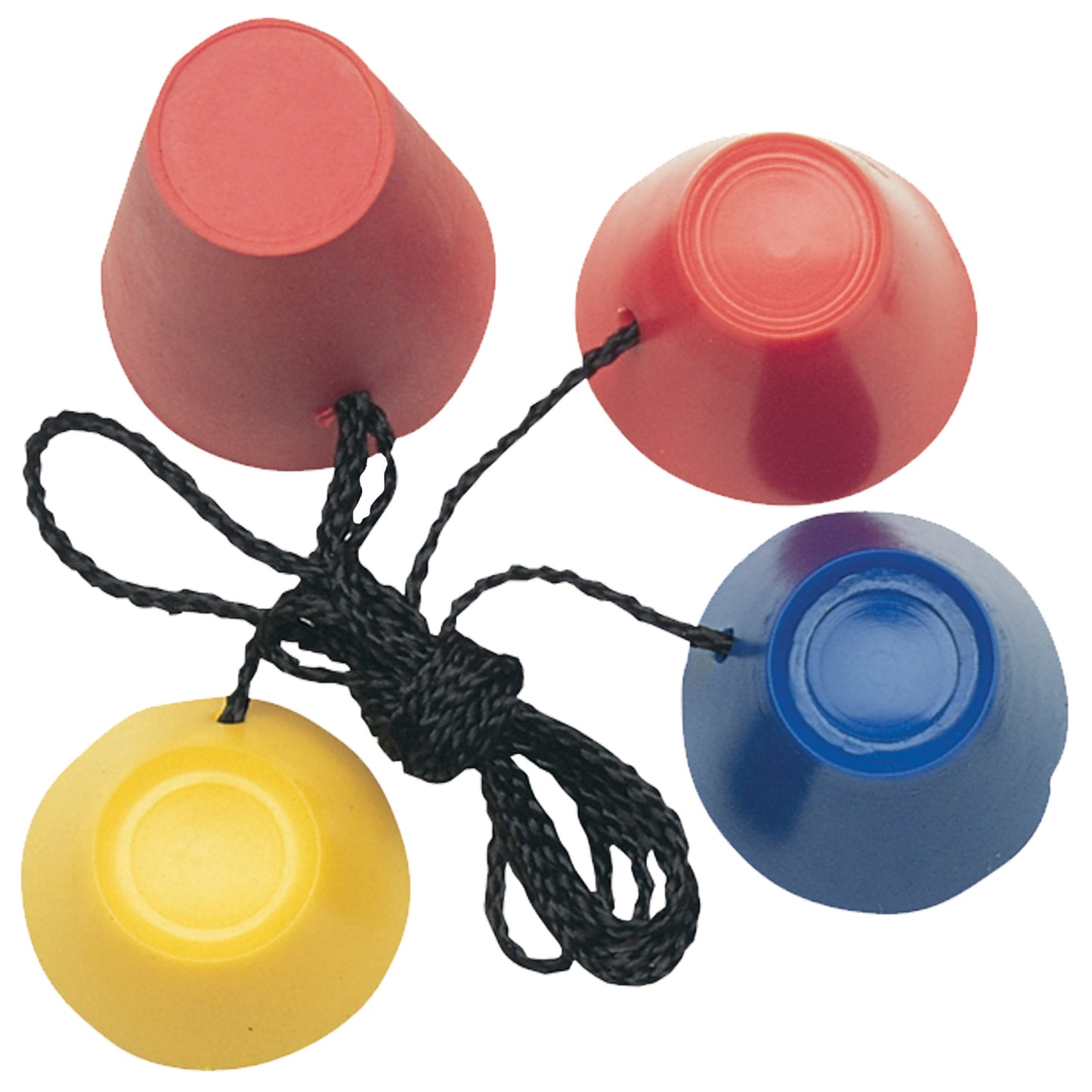 Four colorful plastic cups in red yellow and blue are connected by a black string resting on a flat surface inviting interaction with a playful design.