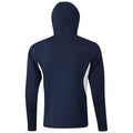 A long-sleeved hooded shirt in navy blue displays a white side panel on each side while facing away from the viewer within a neutral backdrop.