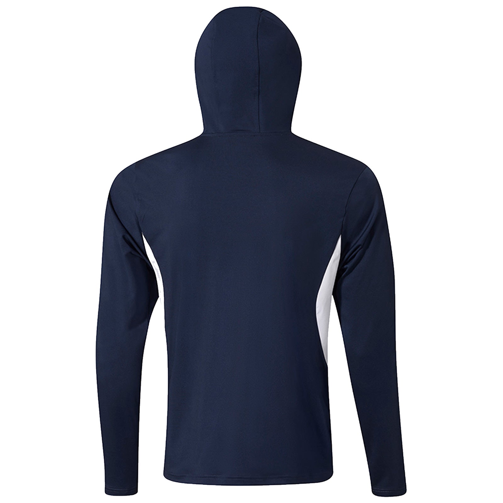 A long-sleeved hooded shirt in navy blue displays a white side panel on each side while facing away from the viewer within a neutral backdrop.