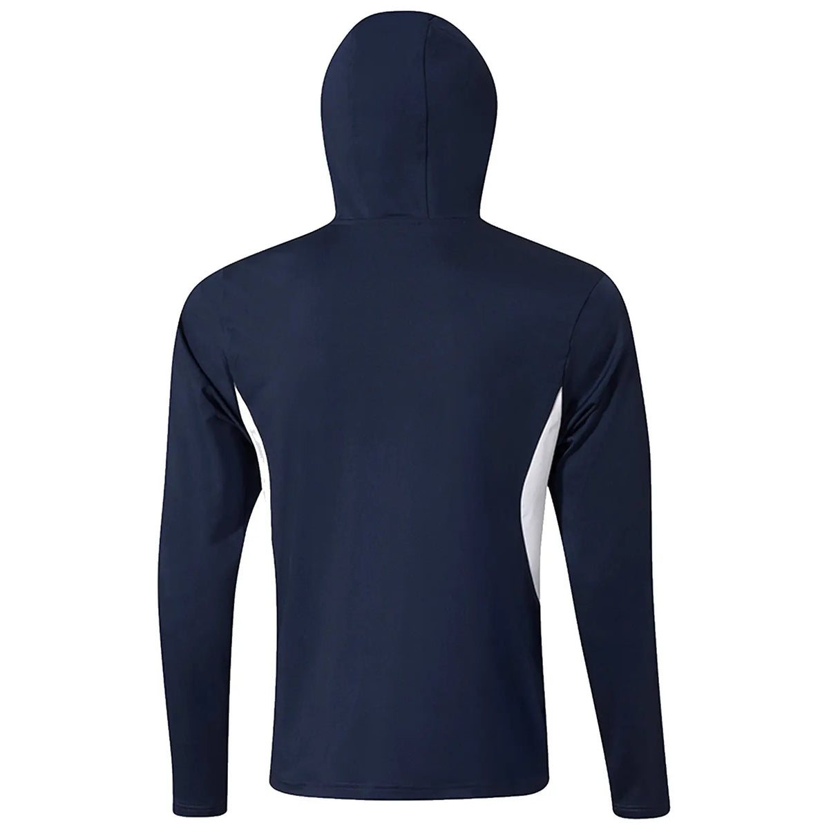 A long-sleeved hooded shirt in navy blue displays a white side panel on each side while facing away from the viewer within a neutral backdrop.