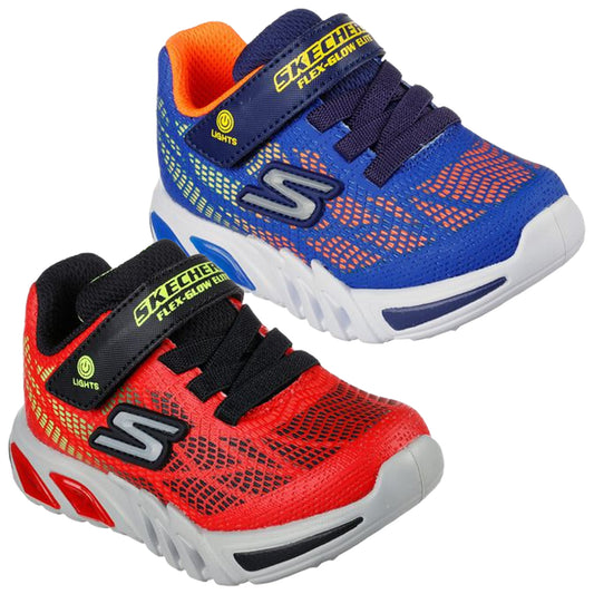 A pair of colorful children's sneakers in blue and orange on the top with a mesh design and red and black on the bottom both with light-up features and adjustable straps