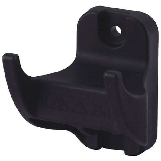 A black plastic hook is mounted on a wall designed to hold items securely featuring two curved arms and a flat base for stability and easy attachment to various surfaces.
