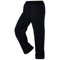Black athletic pants are displayed standing upright showcasing an elastic waistband and relaxed fit suitable for exercise or casual wear in a variety of environments such as gyms or outdoor activities