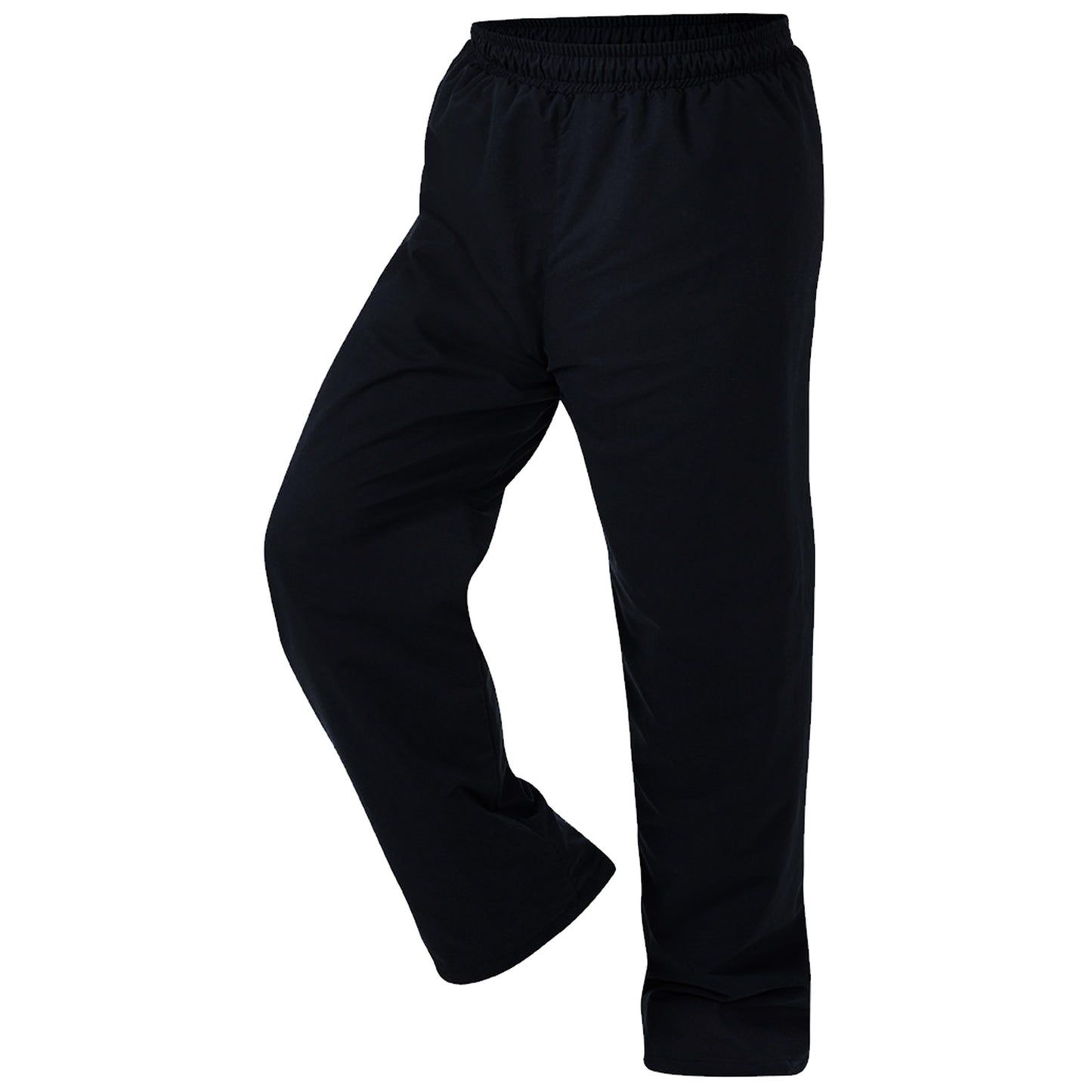 Black athletic pants are shown standing upright with one leg slightly raised showcasing the elastic waistband and loose fit suitable for exercise or casual wear in a neutral setting