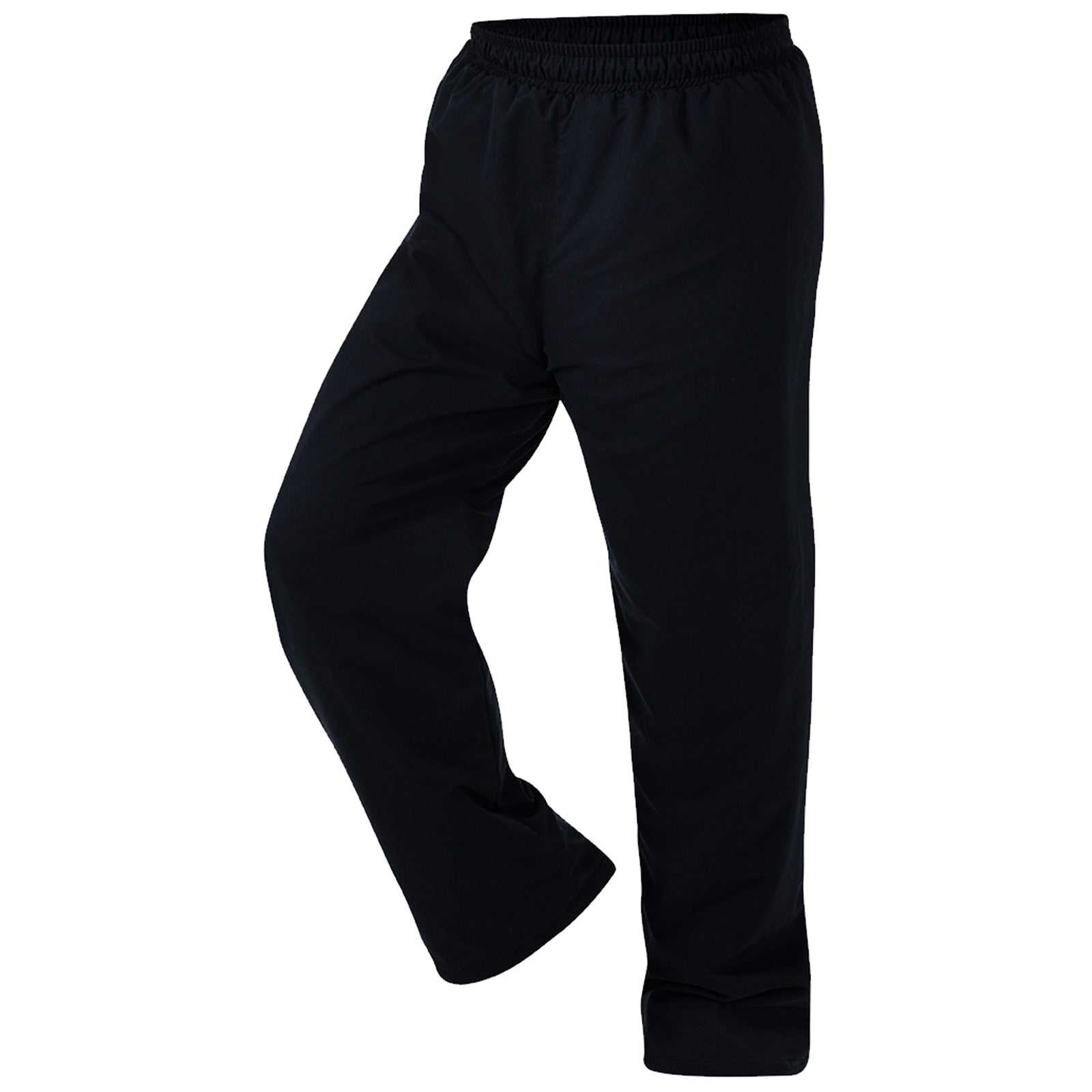 Black athletic pants are shown standing upright with one leg slightly raised showcasing the elastic waistband and loose fit suitable for exercise or casual wear in a neutral setting