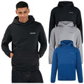 A young man wearing a black hoodie poses with his hands in the front pocket while three hoodies in different colors are displayed behind him showcasing a casual apparel context.